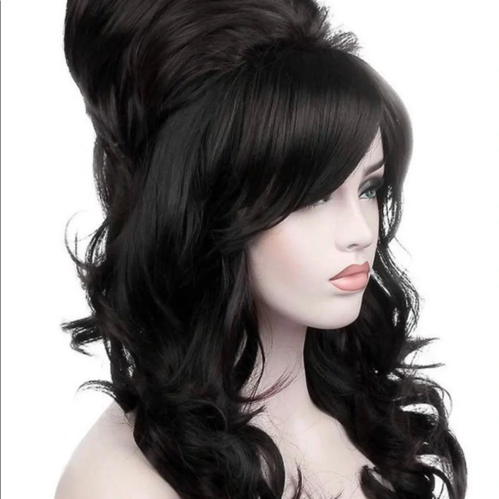 - Black Stylish  60’s Retro look Beehive Hair full cap wig  Arrives NEW